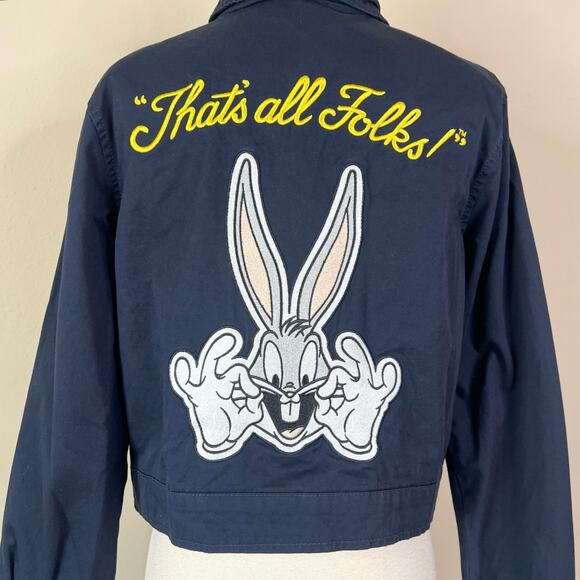 Vintage | 90s Looney Tunes Bugs Bunny Navy Blue That's All Folks Zip Jacket M - Picture 7 of 11